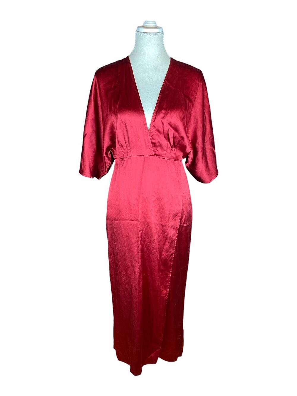 Reformation Hedi Red Silk Maxi Dress Plunge V Slit Kimono Sleeve Size 6